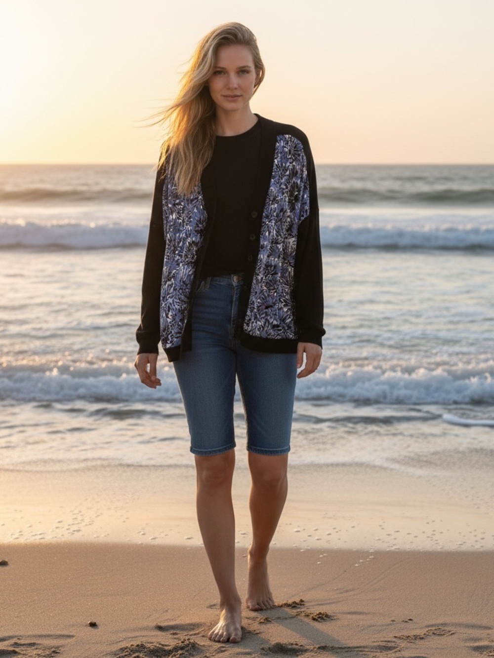 Italian PIAZZA SEMPIONE Black Cardigan with Blue Floral Panels IT 42